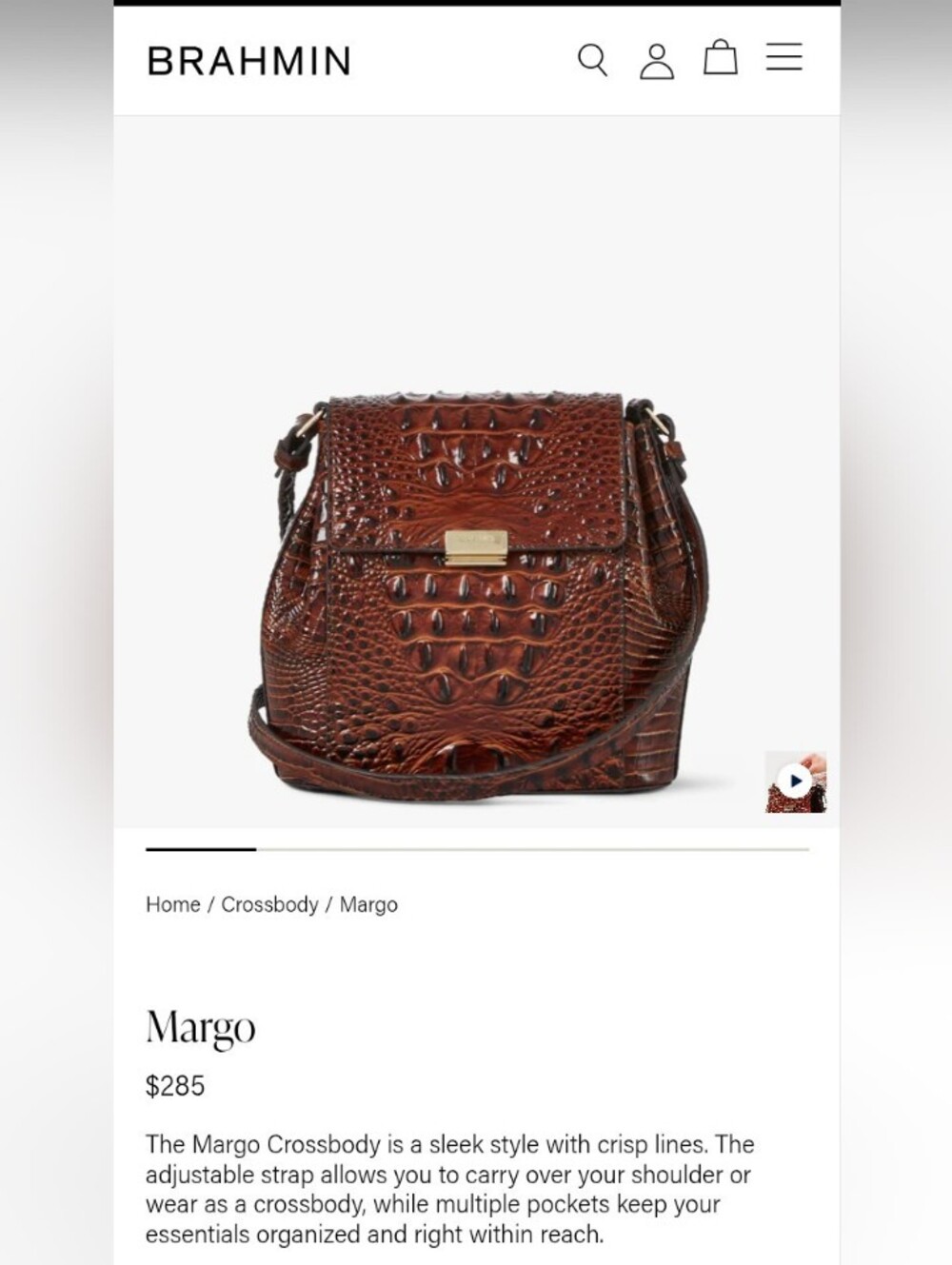 Brahmin Pecan Margo Crocodile Embossed Leather Crossbody Purse - Picture 12 of 13